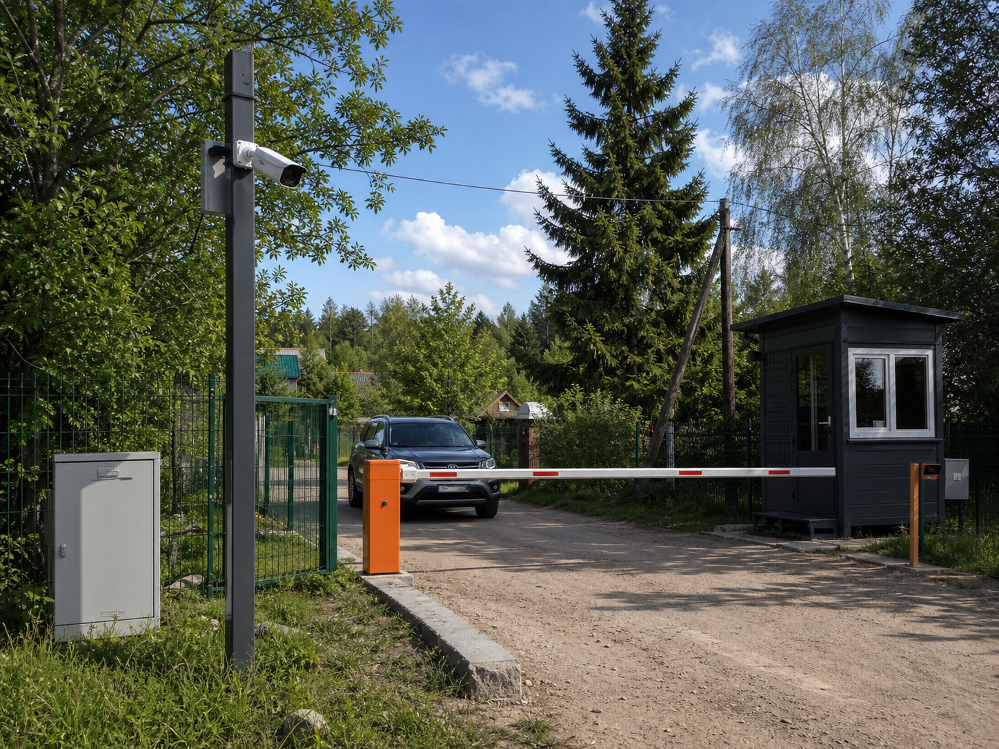 Камера видеонаблюдения контролирует ворота и парковку у въезда